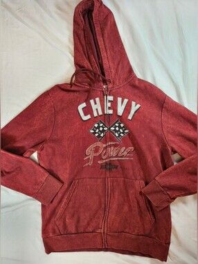 Chevrolet Mens Maroon Red Long Sleeve Full Zip Hoodie Sweatshirt Size Medium